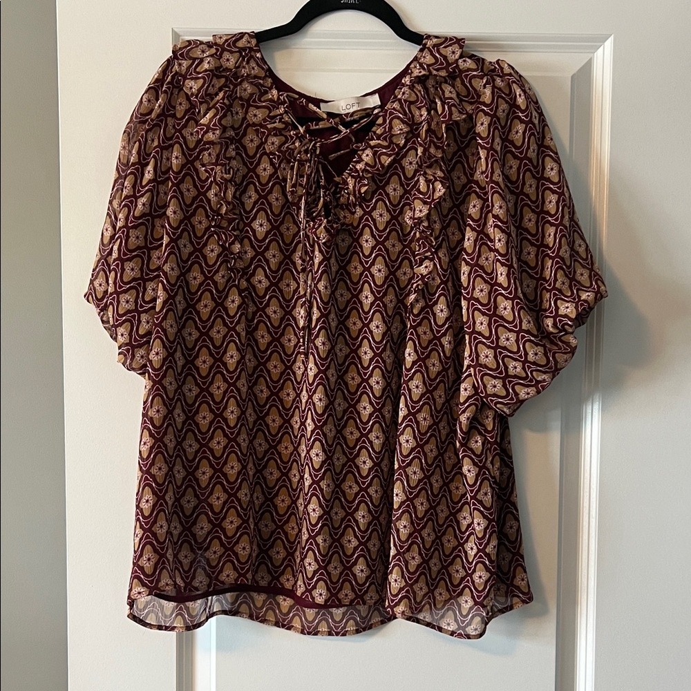 LOFT Burgundy and Cream Patterned Blouse
